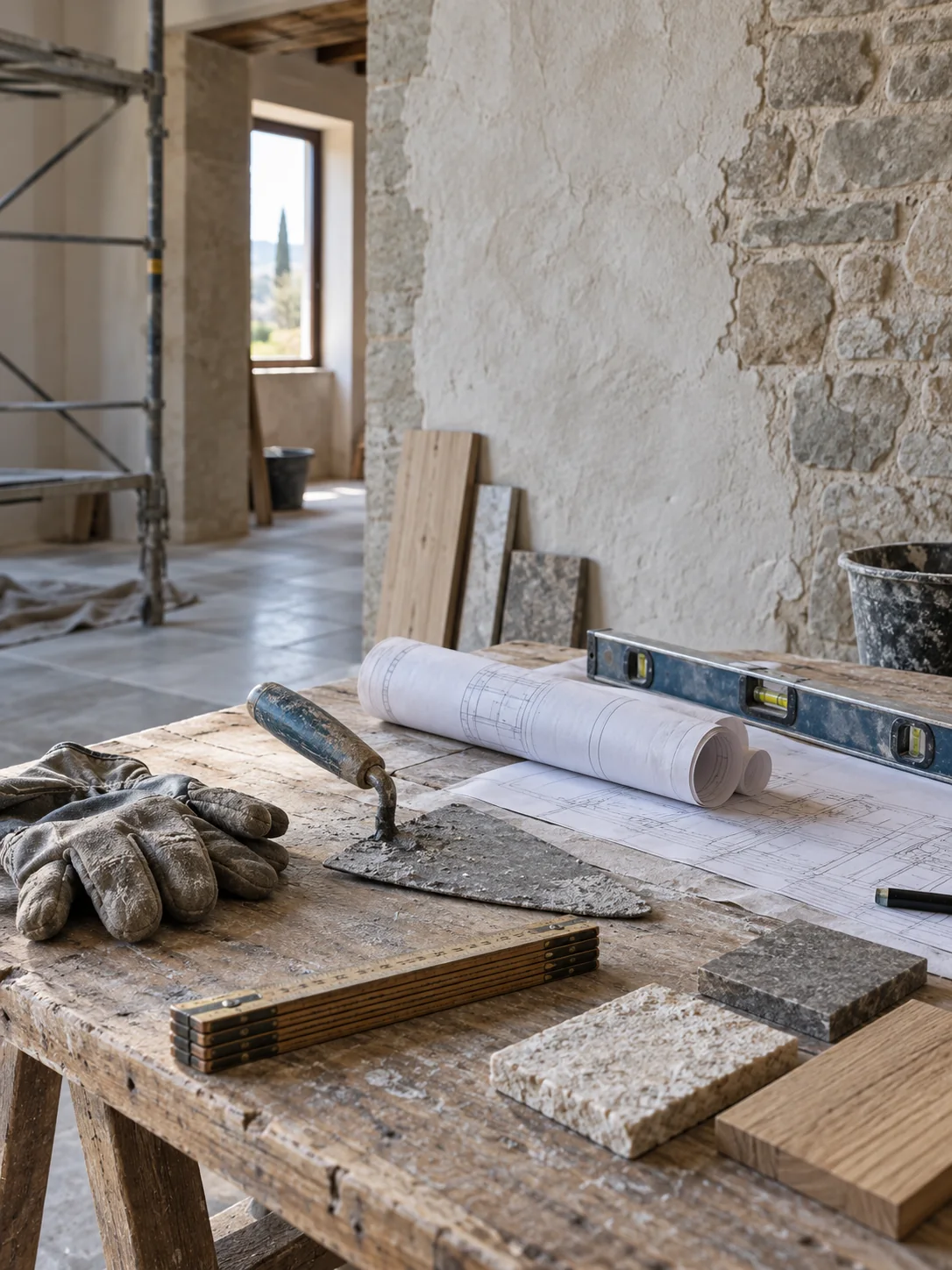 Utensili, materiali e disegni tecnici su un banco da lavoro