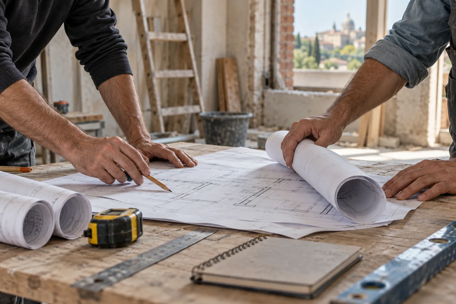 Due professionisti esaminano insieme il progetto di una ristrutturazione